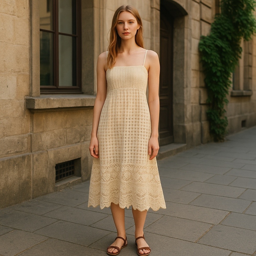 Biographie Cream Spaghetti Strap Midi‎ Lace Knit Crochet Dress